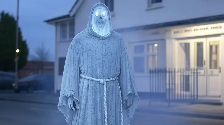 Illustration of a shadowy monk figure in Pontefract, England